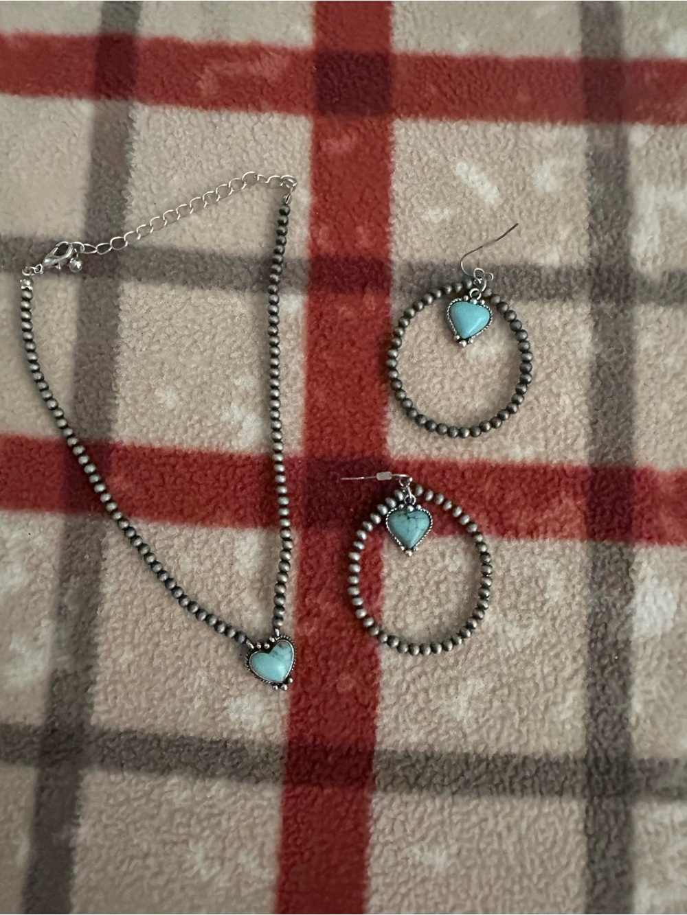 Western Turquoise Heart Bead Necklace and Hoop Earrings Set